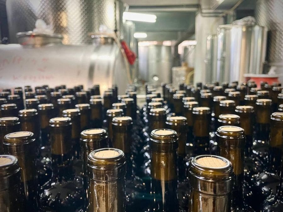 close-up of wine packaging machine with bottles at Papagiannis Winery premises